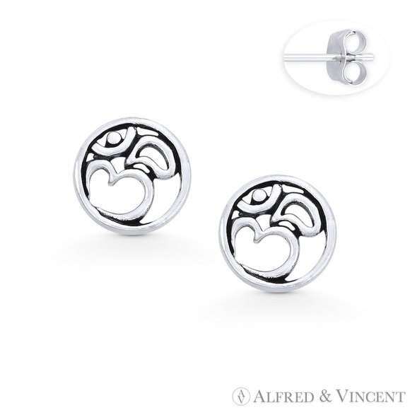 Om Aum Symbol & Circle Stud Earrings in Oxidized .925 Sterling Silver - Picture 1 of 1